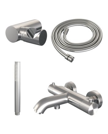 BRAUER Stripe opbouw baddouche thermostaatkraan SET 03 met wandhouder en staaf handdouche en doucheslang RVS-kleurig geborsteld PVD
