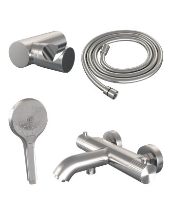 BRAUER Stripe opbouw baddouche thermostaatkraan SET 04 met wandhouder en 3-standen handdouche en doucheslang RVS-kleurig geborsteld PVD