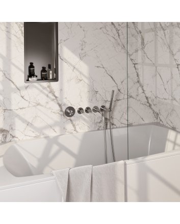 BRAUER Stripe thermostatische inbouw badkraan SET 01 met uitloop en staaf handdouche en doucheslang en wandaansluitbocht RVS-kleurig geborsteld PVD