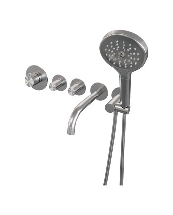 BRAUER Stripe thermostatische inbouw badkraan SET 02 met uitloop en 3-standen handdouche en doucheslang en wandaansluitbocht RVS-kleurig geborsteld PVD