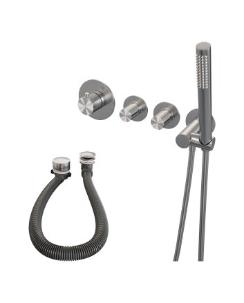 BRAUER Stripe thermostatische inbouw badkraan SET 01 met badvulcombinatie en staaf handdouche en doucheslang en wandaansluitbocht RVS-kleurig geborsteld PVD