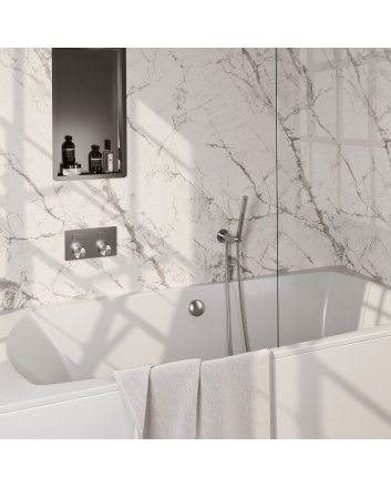 BRAUER Stripe thermostatische inbouw badkraan met drukknoppen SET 03 met badvulcombinatie en staaf handdouche en doucheslang en wandaansluitbocht RVS-kleurig geborsteld PVD