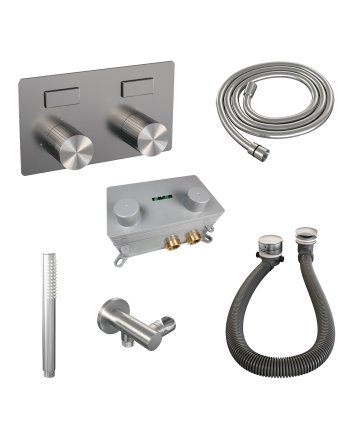BRAUER Stripe thermostatische inbouw badkraan met drukknoppen SET 03 met badvulcombinatie en staaf handdouche en doucheslang en wandaansluitbocht RVS-kleurig geborsteld PVD