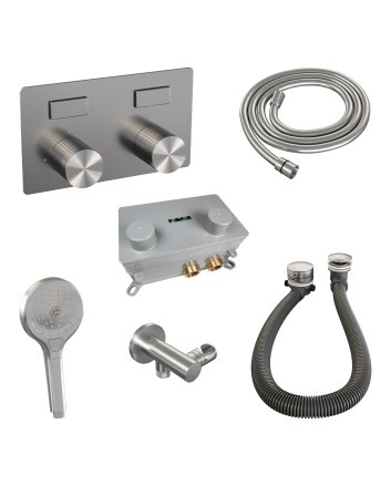 BRAUER Stripe thermostatische inbouw badkraan met drukknoppen SET 04 met badvulcombinatie en 3-standen handdouche en doucheslang en wandaansluitbocht RVS-kleurig geborsteld PVD