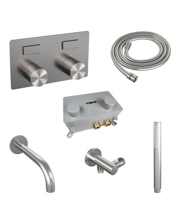 BRAUER Stripe thermostatische inbouw badkraan met drukknoppen SET 03 met uitloop en staaf handdouche en doucheslang en wandaansluitbocht RVS-kleurig geborsteld PVD