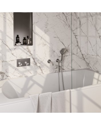 BRAUER Stripe thermostatische inbouw badkraan met drukknoppen SET 04 met uitloop en 3-standen handdouche en doucheslang en wandaansluitbocht RVS-kleurig geborsteld PVD