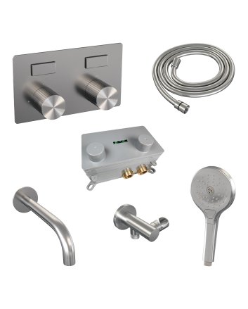 BRAUER Stripe thermostatische inbouw badkraan met drukknoppen SET 04 met uitloop en 3-standen handdouche en doucheslang en wandaansluitbocht RVS-kleurig geborsteld PVD