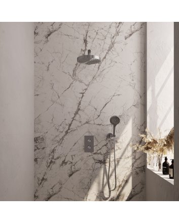 BRAUER Stripe thermostatische inbouw regendouche 3-weg rechthoekig SET 16 met 25 cm douchekop en rechte muurarm en 3-standen handdouche en doucheslang en wandaansluitbocht RVS-kleurig geborsteld PVD