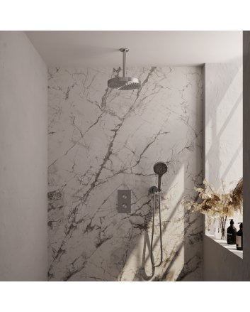 BRAUER Stripe thermostatische inbouw regendouche 3-weg rechthoekig SET 18 met 25 cm douchekop en plafondarm en 3-standen handdouche en doucheslang en wandaansluitbocht RVS-kleurig geborsteld PVD
