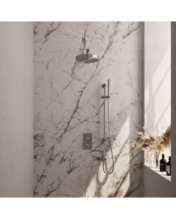 BRAUER Stripe thermostatische inbouw regendouche 3-weg rechthoekig SET 19 met 25 cm douchekop en rechte muurarm en staaf handdouche en doucheslang en geïntegreerde glijstang RVS-kleurig geborsteld PVD
