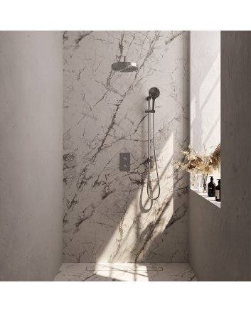 BRAUER Stripe thermostatische inbouw regendouche 3-weg rechthoekig SET 23 met 25 cm douchekop en gebogen muurarm en 3-standen handdouche en doucheslang en geïntegreerde glijstang RVS-kleurig geborsteld PVD