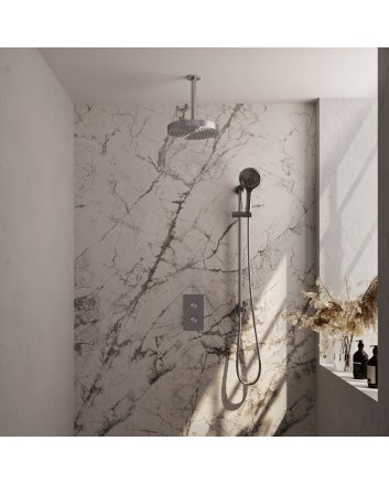 BRAUER Stripe thermostatische inbouw regendouche 3-weg rechthoekig SET 24 met 25 cm douchekop en plafondarm en 3-standen handdouche en doucheslang en geïntegreerde glijstang RVS-kleurig geborsteld PVD