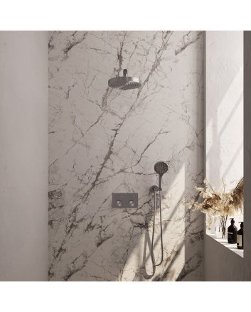 BRAUER Stripe thermostatische inbouw regendouche met drukknoppen SET 28 met 25 cm douchekop en rechte muurarm en 3-standen handdouche en doucheslang en wandaansluitbocht RVS-kleurig geborsteld PVD