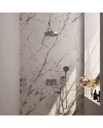 BRAUER Stripe thermostatische inbouw regendouche met drukknoppen SET 29 met 25 cm douchekop en gebogen muurarm en 3-standen handdouche en doucheslang en wandaansluitbocht RVS-kleurig geborsteld PVD