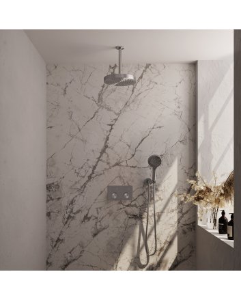 BRAUER Stripe thermostatische inbouw regendouche met drukknoppen SET 30 met 25 cm douchekop en plafondarm en 3-standen handdouche en doucheslang en wandaansluitbocht RVS-kleurig geborsteld PVD