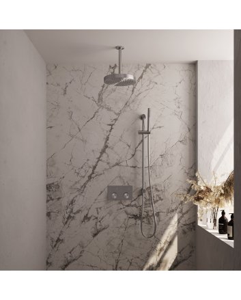 BRAUER Stripe thermostatische inbouw regendouche met drukknoppen SET 33 met 25 cm douchekop en plafondarm en staaf handdouche en doucheslang en geïntegreerde glijstang RVS-kleurig geborsteld PVD