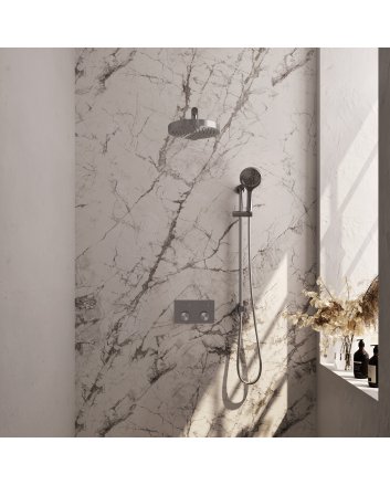 BRAUER Stripe thermostatische inbouw regendouche met drukknoppen SET 34 met 25 cm douchekop en rechte muurarm en 3-standen handdouche en doucheslang en geïntegreerde glijstang RVS-kleurig geborsteld PVD