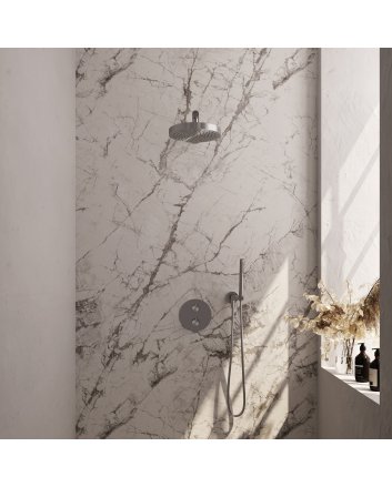 BRAUER Stripe thermostatische inbouw regendouche 3-weg rond SET 37 met 25 cm douchekop en rechte muurarm en staaf handdouche en doucheslang en wandaansluitbocht RVS-kleurig geborsteld PVD