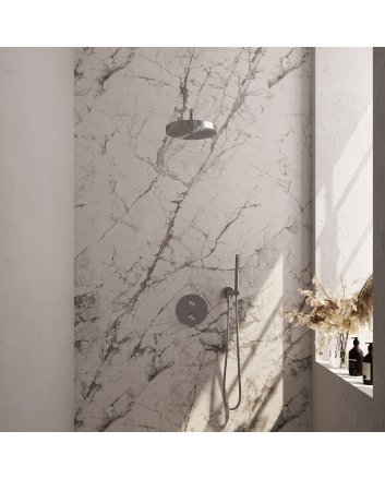 BRAUER Stripe thermostatische inbouw regendouche 3-weg rond SET 38 met 25 cm douchekop en gebogen muurarm en staaf handdouche en doucheslang en wandaansluitbocht RVS-kleurig geborsteld PVD
