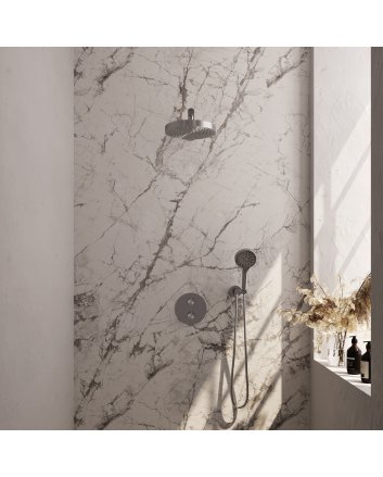 BRAUER Stripe thermostatische inbouw regendouche 3-weg rond SET 40 met 25 cm douchekop en rechte muurarm en 3-standen handdouche en doucheslang en wandaansluitbocht RVS-kleurig geborsteld PVD