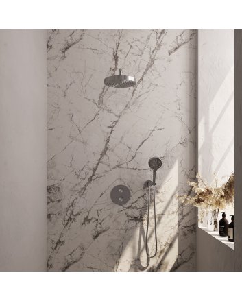 BRAUER Stripe thermostatische inbouw regendouche 3-weg rond SET 41 met 25 cm douchekop en gebogen muurarm en 3-standen handdouche en doucheslang en wandaansluitbocht RVS-kleurig geborsteld PVD