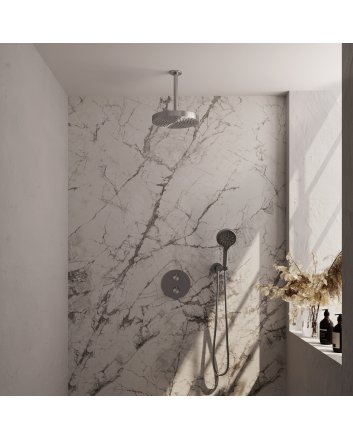 BRAUER Stripe thermostatische inbouw regendouche 3-weg rond SET 42 met 25 cm douchekop en plafondarm en 3-standen handdouche en doucheslang en wandaansluitbocht RVS-kleurig geborsteld PVD