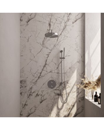 BRAUER Stripe thermostatische inbouw regendouche 3-weg rond SET 44 met 25 cm douchekop en gebogen muurarm en staaf handdouche en doucheslang en geïntegreerde glijstang RVS-kleurig geborsteld PVD