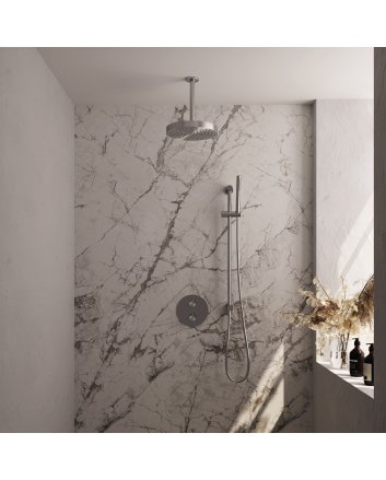 BRAUER Stripe thermostatische inbouw regendouche 3-weg rond SET 45 met 25 cm douchekop en plafondarm en staaf handdouche en doucheslang en geïntegreerde glijstang RVS-kleurig geborsteld PVD