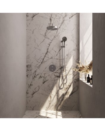 BRAUER Stripe thermostatische inbouw regendouche 3-weg rond SET 47 met 25 cm douchekop en gebogen muurarm en 3-standen handdouche en doucheslang en geïntegreerde glijstang RVS-kleurig geborsteld PVD
