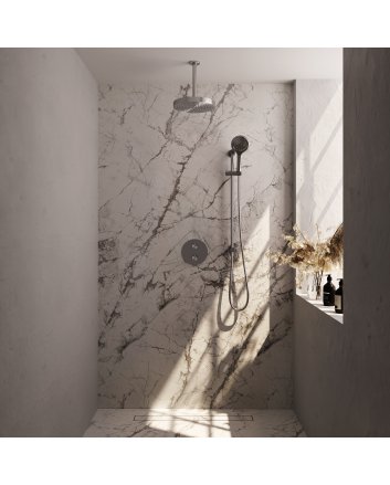 BRAUER Stripe thermostatische inbouw regendouche 3-weg rond SET 48 met 25 cm douchekop en plafondarm en 3-standen handdouche en doucheslang en geïntegreerde glijstang RVS-kleurig geborsteld PVD