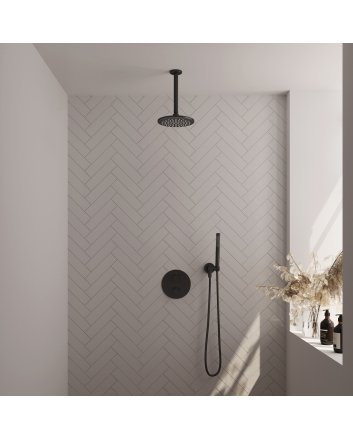 BRAUER Black Edition thermostatische inbouw regendouche 3-weg rond SET 77 met 20 cm douchekop en plafondarm en staaf handdouche en doucheslang en wandaansluitbocht mat zwart