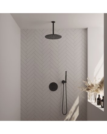 BRAUER Black Edition thermostatische inbouw regendouche 3-weg rond SET 78 met 30 cm douchekop en plafondarm en staaf handdouche en doucheslang en wandaansluitbocht mat zwart