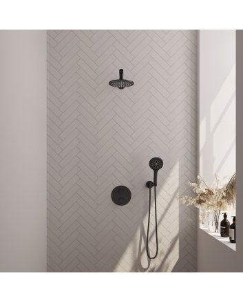 BRAUER Black Edition thermostatische inbouw regendouche 3-weg rond SET 79 met 20 cm douchekop en rechte muurarm en 3-standen handdouche en doucheslang en wandaansluitbocht mat zwart