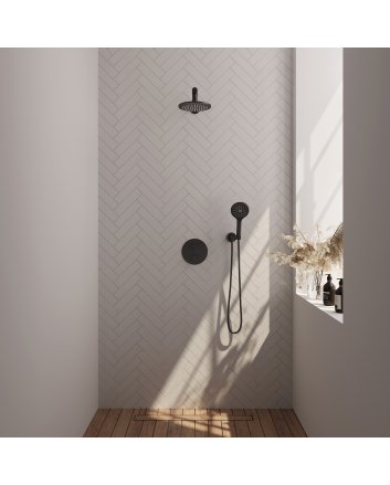 BRAUER Black Edition thermostatische inbouw regendouche 3-weg rond SET 79 met 20 cm douchekop en rechte muurarm en 3-standen handdouche en doucheslang en wandaansluitbocht mat zwart