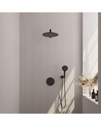 BRAUER Black Edition thermostatische inbouw regendouche 3-weg rond SET 80 met 30 cm douchekop en rechte muurarm en 3-standen handdouche en doucheslang en wandaansluitbocht mat zwart