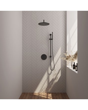 BRAUER Black Edition thermostatische inbouw regendouche 3-weg rond SET 88 met 30 cm douchekop en gebogen muurarm en staaf handdouche en doucheslang en geïntegreerde glijstang mat zwart