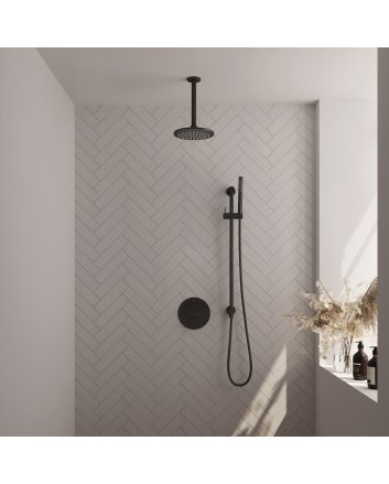 BRAUER Black Edition thermostatische inbouw regendouche 3-weg rond SET 89 met 20 cm douchekop en plafondarm en staaf handdouche en doucheslang en geïntegreerde glijstang mat zwart