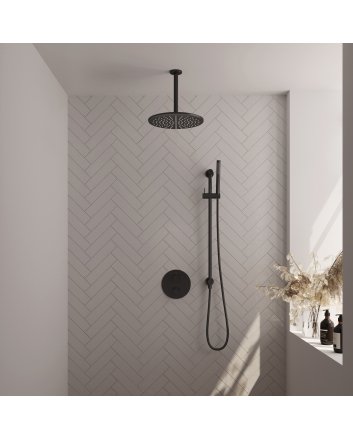 BRAUER Black Edition thermostatische inbouw regendouche 3-weg rond SET 90 met 30 cm douchekop en plafondarm en staaf handdouche en doucheslang en geïntegreerde glijstang mat zwart