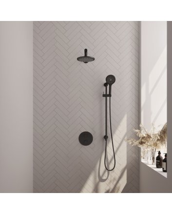 BRAUER Black Edition thermostatische inbouw regendouche 3-weg rond SET 91 met 20 cm douchekop en rechte muurarm en 3-standen handdouche en doucheslang en geïntegreerde glijstang mat zwart