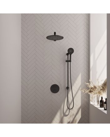 BRAUER Black Edition thermostatische inbouw regendouche 3-weg rond SET 92 met 30 cm douchekop en rechte muurarm en 3-standen handdouche en doucheslang en geïntegreerde glijstang mat zwart