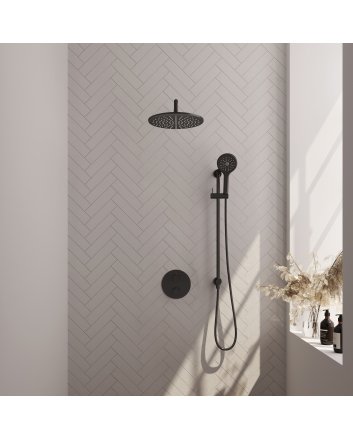 BRAUER Black Edition thermostatische inbouw regendouche 3-weg rond SET 94 met 30 cm douchekop en gebogen muurarm en 3-standen handdouche en doucheslang en geïntegreerde glijstang mat zwart