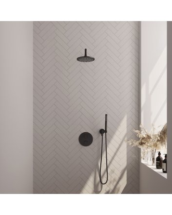 BRAUER Black Carving thermostatische inbouw regendouche 3-weg rond SET 75 met 20 cm douchekop en gebogen muurarm en staaf handdouche en doucheslang en wandaansluitbocht mat zwart