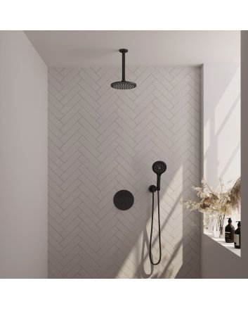 BRAUER Black Carving thermostatische inbouw regendouche 3-weg rond SET 83 met 20 cm douchekop en plafondarm en 3-standen handdouche en doucheslang en wandaansluitbocht mat zwart