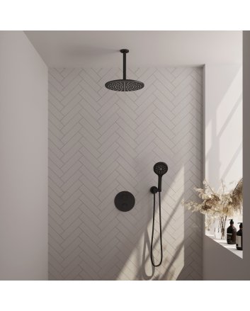 BRAUER Black Carving thermostatische inbouw regendouche 3-weg rond SET 84 met 30 cm douchekop en plafondarm en 3-standen handdouche en doucheslang en wandaansluitbocht mat zwart