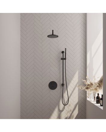 BRAUER Black Carving thermostatische inbouw regendouche 3-weg rond SET 87 met 20 cm douchekop en gebogen muurarm en staaf handdouche en doucheslang en geïntegreerde glijstang mat zwart