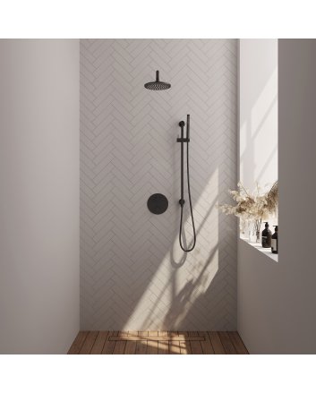 BRAUER Black Carving thermostatische inbouw regendouche 3-weg rond SET 87 met 20 cm douchekop en gebogen muurarm en staaf handdouche en doucheslang en geïntegreerde glijstang mat zwart