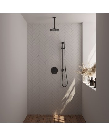 BRAUER Black Carving thermostatische inbouw regendouche 3-weg rond SET 89 met 20 cm douchekop en plafondarm en staaf handdouche en doucheslang en geïntegreerde glijstang mat zwart