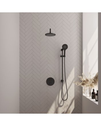 BRAUER Black Carving thermostatische inbouw regendouche 3-weg rond SET 93 met 20 cm douchekop en gebogen muurarm en 3-standen handdouche en doucheslang en geïntegreerde glijstang mat zwart