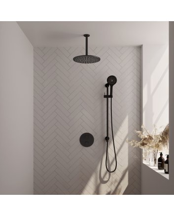 BRAUER Black Carving thermostatische inbouw regendouche 3-weg rond SET 96 met 30 cm douchekop en plafondarm en 3-standen handdouche en doucheslang en geïntegreerde glijstang mat zwart