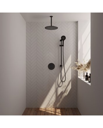 BRAUER Black Carving thermostatische inbouw regendouche 3-weg rond SET 96 met 30 cm douchekop en plafondarm en 3-standen handdouche en doucheslang en geïntegreerde glijstang mat zwart